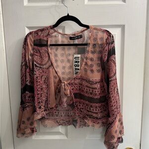Urban Outfitters Pink and Black Sheer Tie Front Blouse